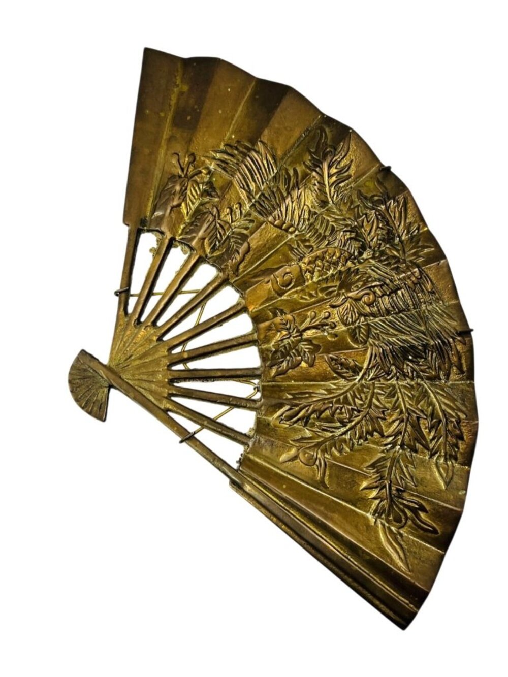 MCM vintage Solid Brass Phoenix & Floral Asian Theme Decorative Fan